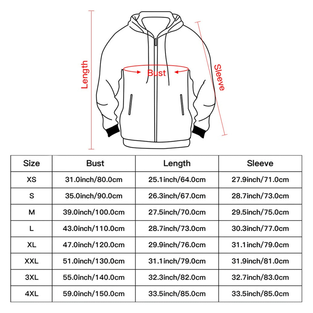 Zip-Up Hoodie Size Chart